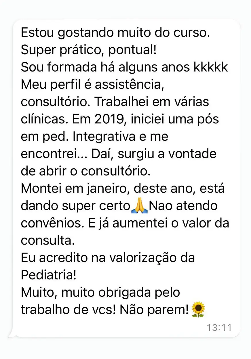 Depoimento WhatsApp sobre o curso de pediatria